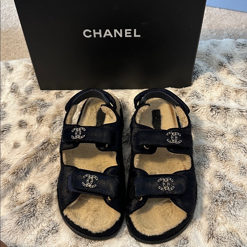 CHANEL Black Sandals with Silver Logo - Picture 1 of 3